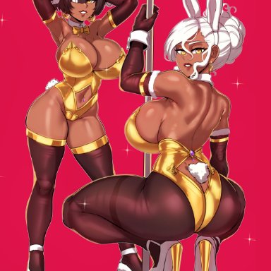 new year, original, danni (aestheticc-meme), sabrina (aestheticc-meme), aestheticc-meme, 2girls, ass, bare shoulders, big ass, big breasts, big butt, black hair, blush, bowtie, breasts