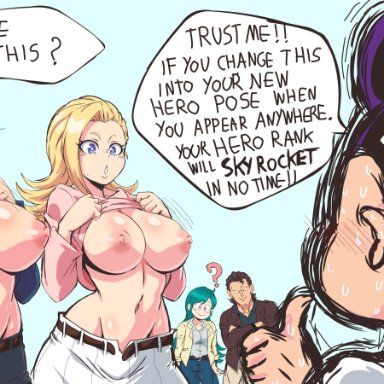 my hero academia, mandalay, minoru mineta, pixie bob, ragdoll (my hero academia), ryuuko tsuchikawa, shino sousaki, tomoko shiretoko, wild wild pussycats, lewdamone, 2boys, 3girls, areolae, big breasts, blonde hair