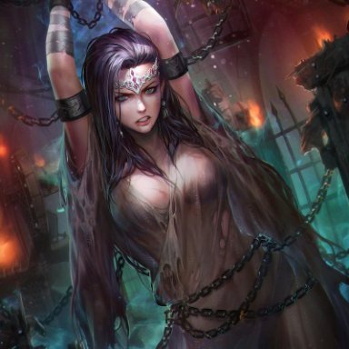 legend of the cryptids, neoartcore, angry, bondage, chained up, chains, earrings, female focus, grey eyes, imminent rape, purple hair, rape, ripped clothing, see-through, teeth clenched
