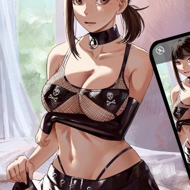 chainsaw man, higashiyama kobeni, prodviks, 1girls, armwear, big breasts, black hair, breasts, brown eyes, choker, female, female only, fishnet shirt, miniskirt, phone