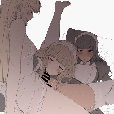 original, brown hair maid (mdf an), futanari-sama (mdf an), mdf an, 3girls, after vaginal, blonde hair, blush, brown hair, closed mouth, cum, cum in pussy, fellatio, fff threesome, futa with female