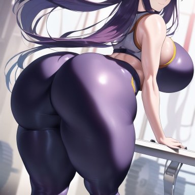 naruto, naruto (series), hyuuga hinata, stable diffusion, ass focus, big ass, big butt, black hair, excited, gym, gym uniform, huge ass, looking at viewer, looking back, looking pleasured