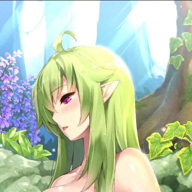 futaken valley, mofuland, mofuringu, 1futa, balls, big breasts, elf, erect penis, forest background, futanari, grabbing own breast, grabbing own penis, green hair, hand on own penis, pink nipples