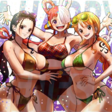 one piece, one piece film red, nami, nico robin, uta (one piece), 3girls, ass, big breasts, bikini, black hair, blush, bra, breasts, busty, cleavage