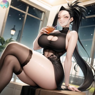 my hero academia, momo yaoyorozu, nai diffusion, stable diffusion, 1girls, bare shoulders, black dress, black hair, breasts, cleavage, crossed legs, curvy, curvy female, curvy figure, dress