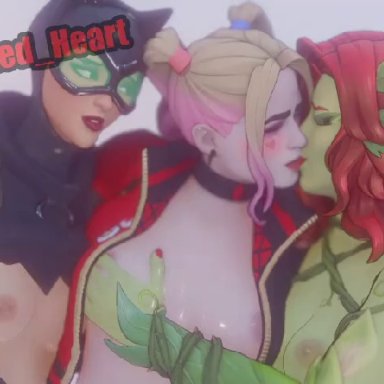 batman (series), dc, dc comics, catwoman, harley quinn, poison ivy, infected heart, 3girls, breasts, dyed hair, female, female only, green skin, groping, groping breasts