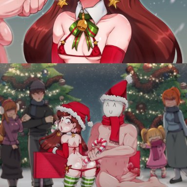 christmas, gravity falls, mabel pines, peonymami, 1girls, after sex, anal insertion, audience, background characters, bench, bench sex, bikini, braces, breasts, brown hair