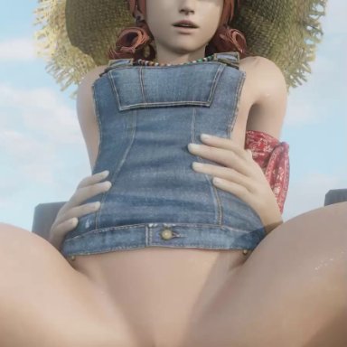 final fantasy, final fantasy xiii, oerba dia vanille, audiodude, lazyprocrastinator, breasts, hat, light-skinned female, light-skinned male, looking at viewer, outdoors, outside, pussy, red hair, reverse cowgirl position