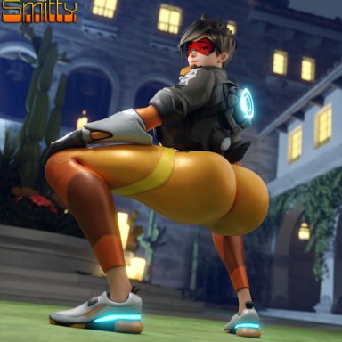 overwatch, overwatch 2, lena oxton, tracer, smitty34, ass, big ass, large ass, looking back, squatting, tight clothing, tight pants, tights, 3d, 3d (artwork)