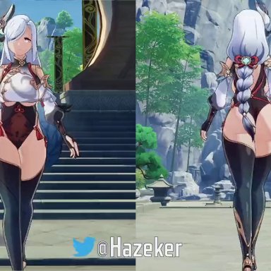 genshin impact, shenhe (genshin impact), hazeker, ass, bare shoulders, bodysuit, breasts, curvy, female, female focus, female only, hair ornament, hair over one eye, huge ass, huge breasts