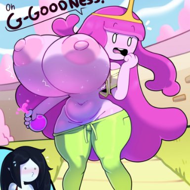 adventure time, marceline, princess bubblegum, somescrub, 2girls, belly, belly button, big breasts, breast expansion, breasts, drinking, female, female only, huge breasts, nipples