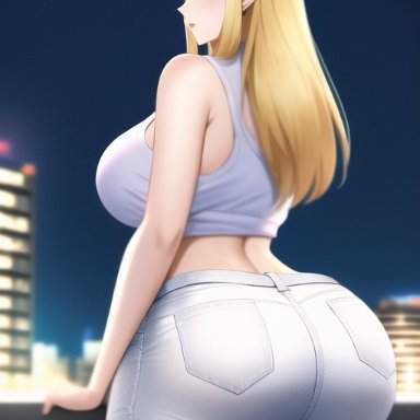 the legend of zelda, princess zelda, nai diffusion, stable diffusion, ass focus, blonde hair, blue eyes, bubble butt, curvy, curvy figure, gigantic ass, high waisted pants, huge ass, huge breasts, long hair