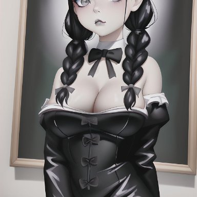the addams family, wednesday addams, artist request, bare shoulders, black hair, cleavage, dress, female, female focus, female only, goth, goth girl, sitting, ai generated, tagme