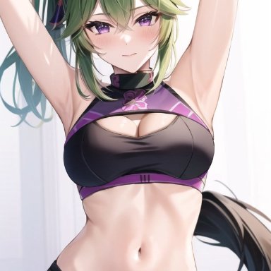 genshin impact, kuki shinobu, nai diffusion, stable diffusion, 1girls, armpits, arms up, breasts, cleavage, crop top, female, green hair, midriff, navel, purple hair