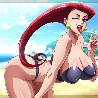 nintendo, pokemon, pokemon (anime), pokemon rgby, jessie (pokemon), team rocket, sano-br, 1girls, ass up, beach, big breasts, big butt, bikini, black bikini, blue eyes