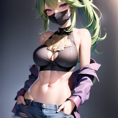 genshin impact, kuki shinobu, nai diffusion, 1girls, abs, breasts, clothing, female, green hair, midriff, purple hair, solo, toned, toned female, ai generated