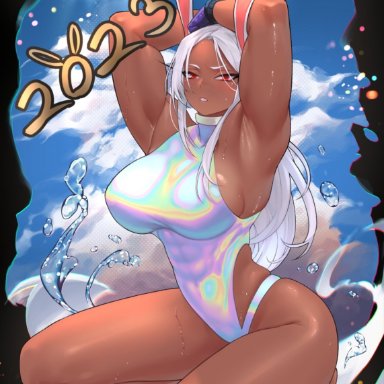 my hero academia, miruko, rumi usagiyama, calad g, 1girls, abs, animal ears, armpits, arms behind head, arms up, bare shoulders, barefoot, big breasts, blue nails, breasts