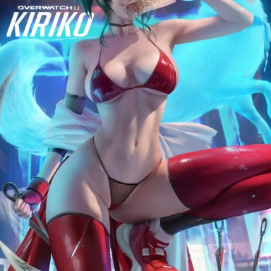 overwatch, kiriko (overwatch), sakimichan, big breasts, bikini top, female, g-string, green hair, 2d