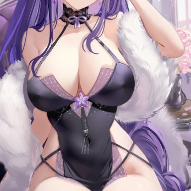 genshin impact, raiden shogun, loki1998, 1girls, big breasts, cleavage, curvy, earrings, female, female only, hair ornament, large breasts, long hair, looking at viewer, mole