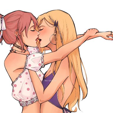 naruto, naruto (series), naruto shippuden, ino yamanaka, sakura haruno, mayskalih, 2girls, blonde hair, imminent kiss, pink hair, white background, yuri