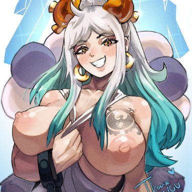 one piece, yamato (one piece), aqrisu, 1girls, breasts, congratulations, female, female human, horns, horny, horny female, smile, smiley face, white hair, tagme