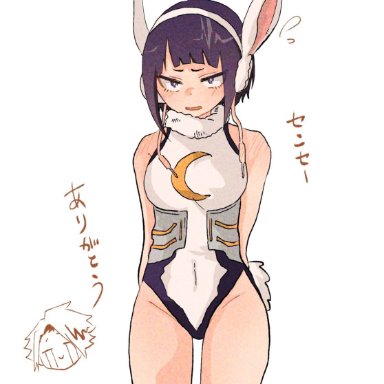 my hero academia, denki kaminari, kyoka jiro, miruko (cosplay), ponzutodango, 1girls, alternate costume, annoyed, arms behind back, bare arms, bare shoulders, bare thighs, blush, blush lines, bunny costume