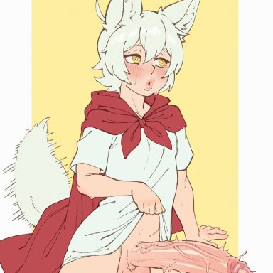 character request, white-haired wolf boy (bupiti), artist request, rizdraws, 1boy, animal ears, balls, blush, bottomless, cape, clothed, clothing, erection, femboy, huge cock