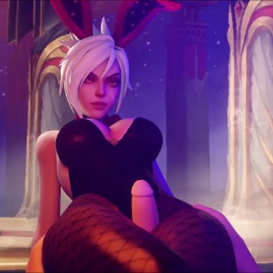 league of legends, league of legends: wild rift, new year, battle bunny riven, riven, coombot (artist), athletic female, bunny ears, fishnets, human, light-skinned male, thigh sex, 3d, animated, tagme