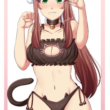 doki doki literature club, raionart, 1girls, animal ears, bra, breasts, cat ears, cat pose, cat tail, collar, eye contact, fake animal ears, female, female only, green eyes