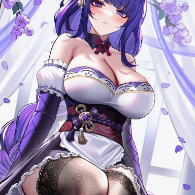 genshin impact, raiden shogun, eternity (shadeh), 1girls, alternate costume, apron, bangs, bare shoulders, black garter straps, black thighhighs, blush, breasts, cleavage, female, female focus