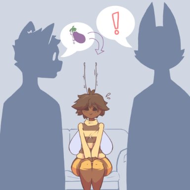 background character, mazus (tinysmallman), tinysmallman, antennae (anatomy), anthro, arthropod, bee, big penis, bulge, clothed, clothing, directional arrow, eggplant, erection, erection under clothes