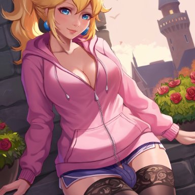 mario (series), nintendo, princess peach, exlic, 1futa, absolute territory, alternate costume, balls, big breasts, blonde hair, blue eyes, breasts, bulge, casual, cleavage