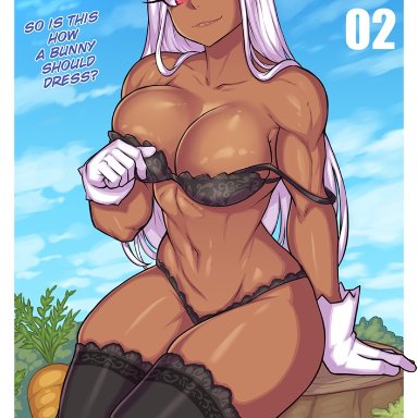 my hero academia, miruko, rumi usagiyama, redjet, 1girls, big breasts, bra, breasts, bunny ears, dark-skinned female, dark skin, eye contact, female, female only, legwear