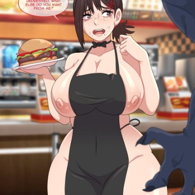 chainsaw man, higashiyama kobeni, furanh, apron, apron only, areolae, breasts, burger, exposed breasts, exposed nipples, huge ass, huge thighs, nervous, nipples, public