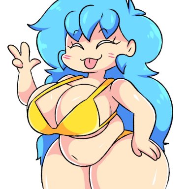 friday night funkin, sky (friday night funkin), skyblue, chikiababy, big breasts, big cheez-it energy, blue hair, chonk mama, chubby female, hand on hip, proud, tongue out, v, yellow bikini, 2023