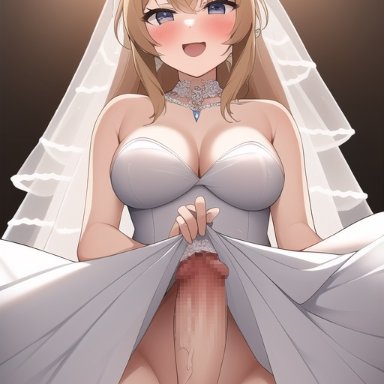 nai diffusion, stable diffusion, 1futa, balls, big breasts, big penis, blonde hair, blush, bottomless, breasts, bride, clothed, clothing, dress, dress lift