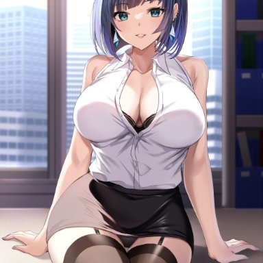 genshin impact, yelan (genshin impact), harimoji, bare shoulders, black bra, black garter straps, black legwear, black panties, black stockings, blue hair, blush, cleavage, earrings, female only, footwear