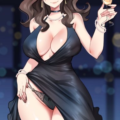 nintendo, pokemon, pokemon bw, hilda (pokemon), kenron toqueen, 1girls, aged up, black dress, black panties, blue eyes, breasts, brown hair, champagne, champagne glass, dress