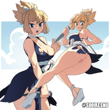 dr.stone, kohaku (dr.stone), suoiresnu, 1girls, anus, ass, big breasts, blonde hair, blue eyes, breasts, eye contact, female, female only, light-skinned female, light skin