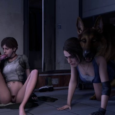 resident evil, jill valentine, rebecca chambers, mehstrosfm, 2boys, 2girls, blowjob, bodily fluids, canine, canine penis, doggy style, doggy style position, domestic dog, ejaculation, female