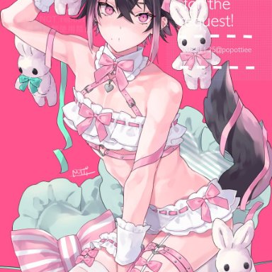 original, potti-p, 1boy, ahoge, aqua bow, aqua ribbon, arm up, bangs, belt, between legs, black hair, black tail, blush, bow, collar