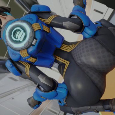 overwatch, cadet oxton, tracer, kishi, alternate costume, ass, ass focus, ass shake, bodysuit, female, from behind, gloves, huge ass, jiggle, shiny