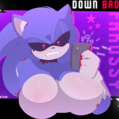 friday night funkin, sonic.exe (series), sonic (series), twitter, exe (revie), faker (revie), sonic.exe, sonic the hedgehog, twhattup, 1girl, ?, anthro, blood, breasts, confused