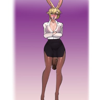 original, original character, noodledoodles, 1futa, animal ears, big breasts, blonde hair, blush, breasts, bunny ears, bunny girl, buttons, cleavage, clothed, clothing