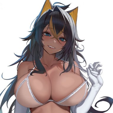 genshin impact, dehya (genshin impact), homura saki, animal ears, big breasts, bikini, biting lip, black hair, blonde hair, blue eyes, blush, breasts, cleavage, dark-skinned female, dark skin