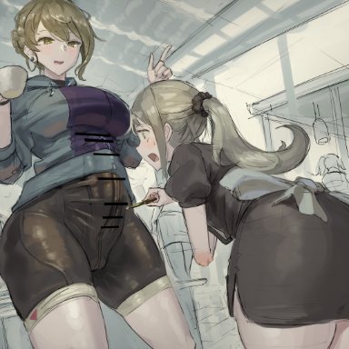 parka-chan (kazo), kazo, 1futa, 1girls, bent over, big breasts, bike shorts, blonde hair, breasts, bulge, clothed, clothing, cock shock, duo focus, erection