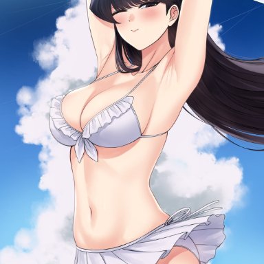 komi-san wa komyushou desu, komi shouko, xtermination, 1girls, armpits, arms up, bikini, large breasts, one eye closed, outdoors