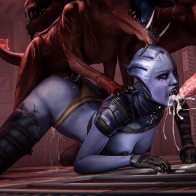 bioware, mass effect, asari, liara t'soni, varren, nocturnalone, 1girls, 2animals, alien girl, ambiguous penetration, animal genitalia, areolae, blue body, blue eyes, blue skin