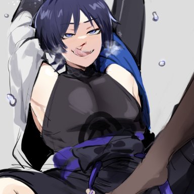 genshin impact, mona (genshin impact), scaramouche (genshin impact), kurenaiz1, blue eyes, blue hair, feet, femdom, licking lips, male, male focus, malesub, nosebleed, pantyhose, restrained