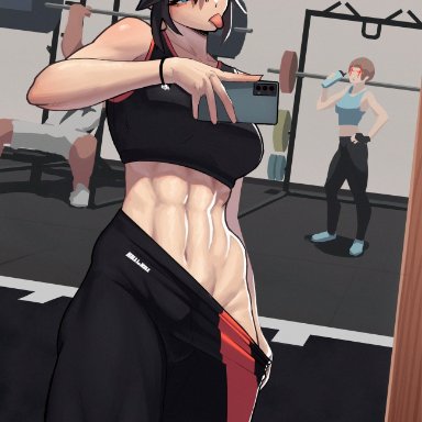 kill la kill, mankanshoku mako, matoi ryuuko, stopu, 2girls, :p, abs, black hair, blue eyes, blush, breasts, brown hair, gym, gym clothes, hips